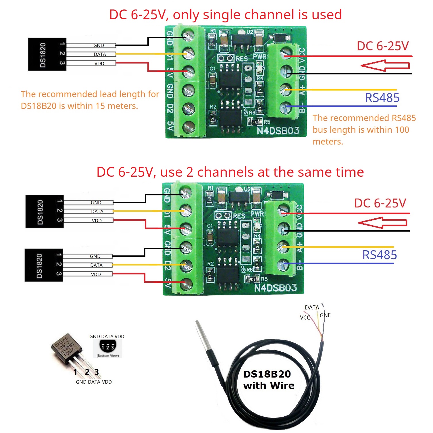 2CH RS485 Modbus  -55 to +125C - Ds18B20 Temperature Sensor reseña y precio
